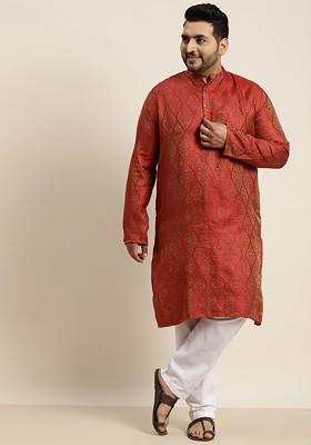Red Solid Jacquard Kurta Set For Men