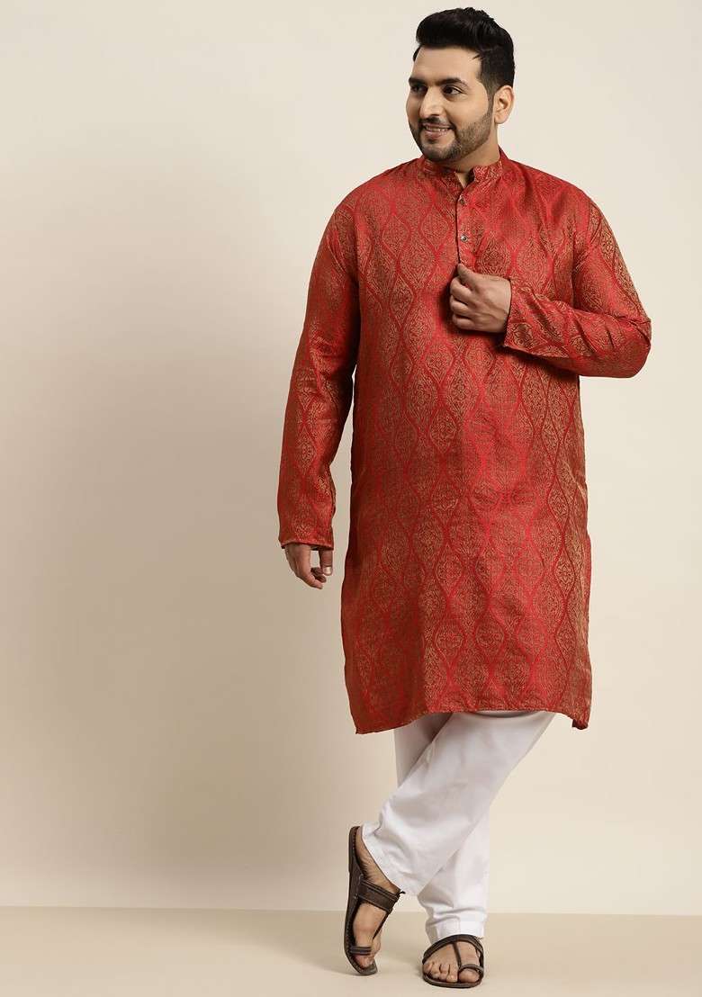 Red Solid Jacquard Kurta Set For Men - Indya