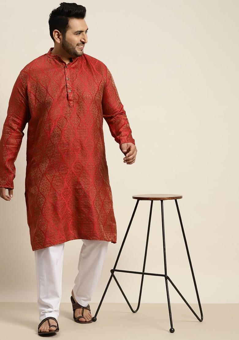 Red Solid Jacquard Kurta Set For Men