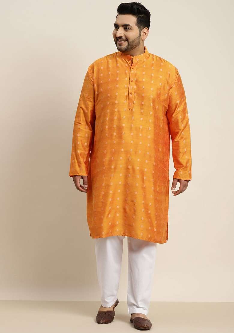 Orange Solid Poly Blend Kurta Set For Men - Indya