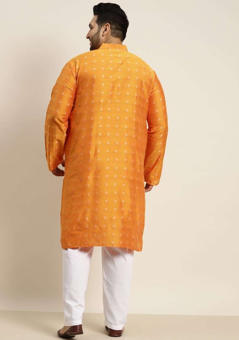 Orange Solid Poly Blend Kurta Set For Men - Indya