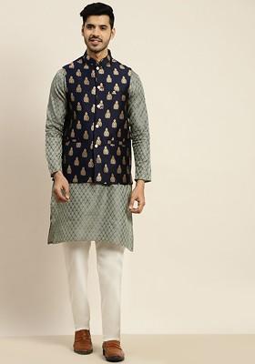 Teal Blue Ethnic Motifs Poly Blend Kurta Set For Men