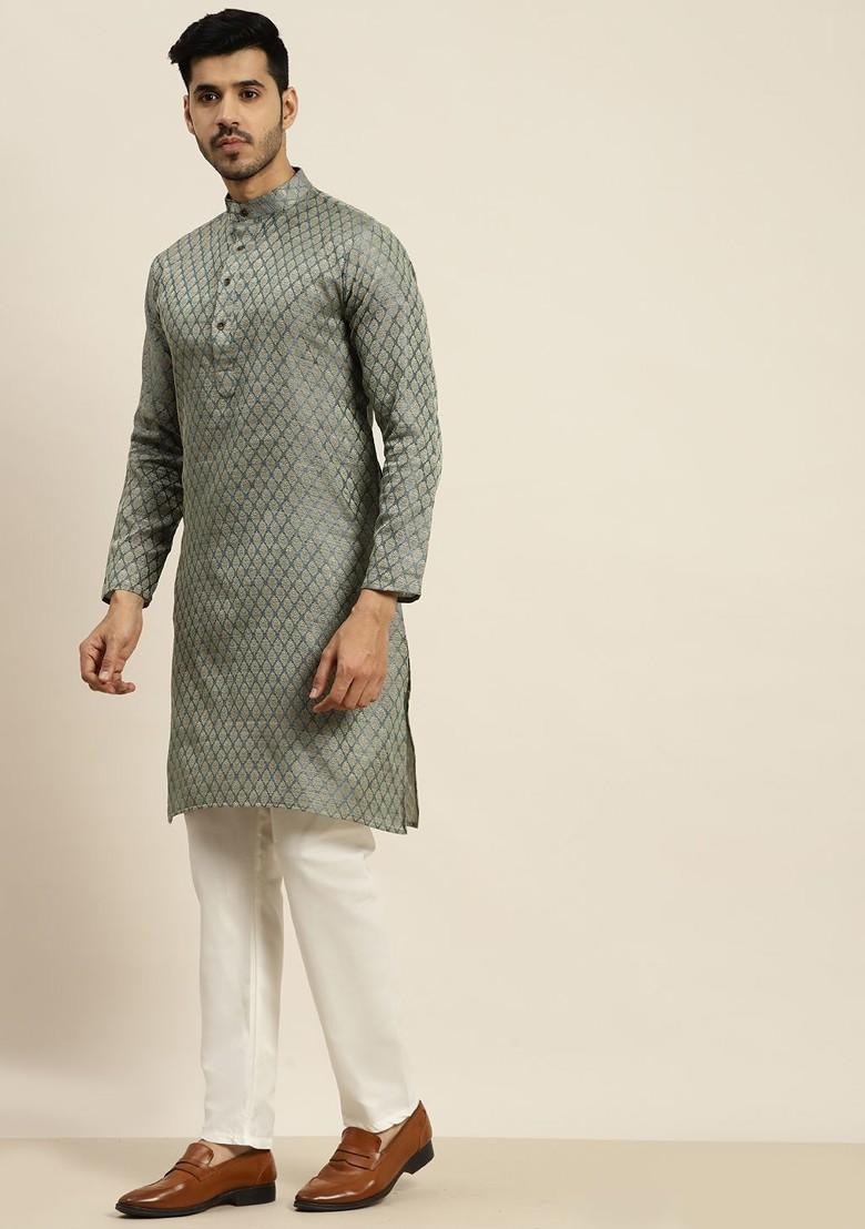 Teal Blue Ethnic Motifs Poly Blend Kurta Set For Men