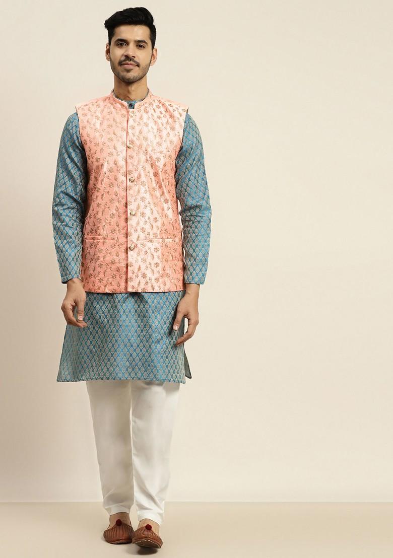 Blue Ethnic Motifs Poly Blend Kurta Set For Men