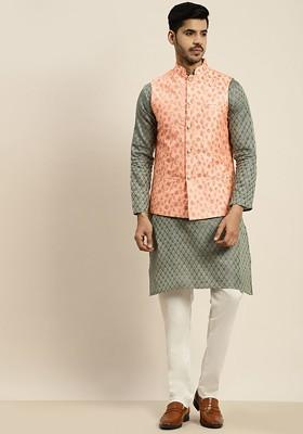Teal Blue Woven Poly Blend Kurta Set For Men