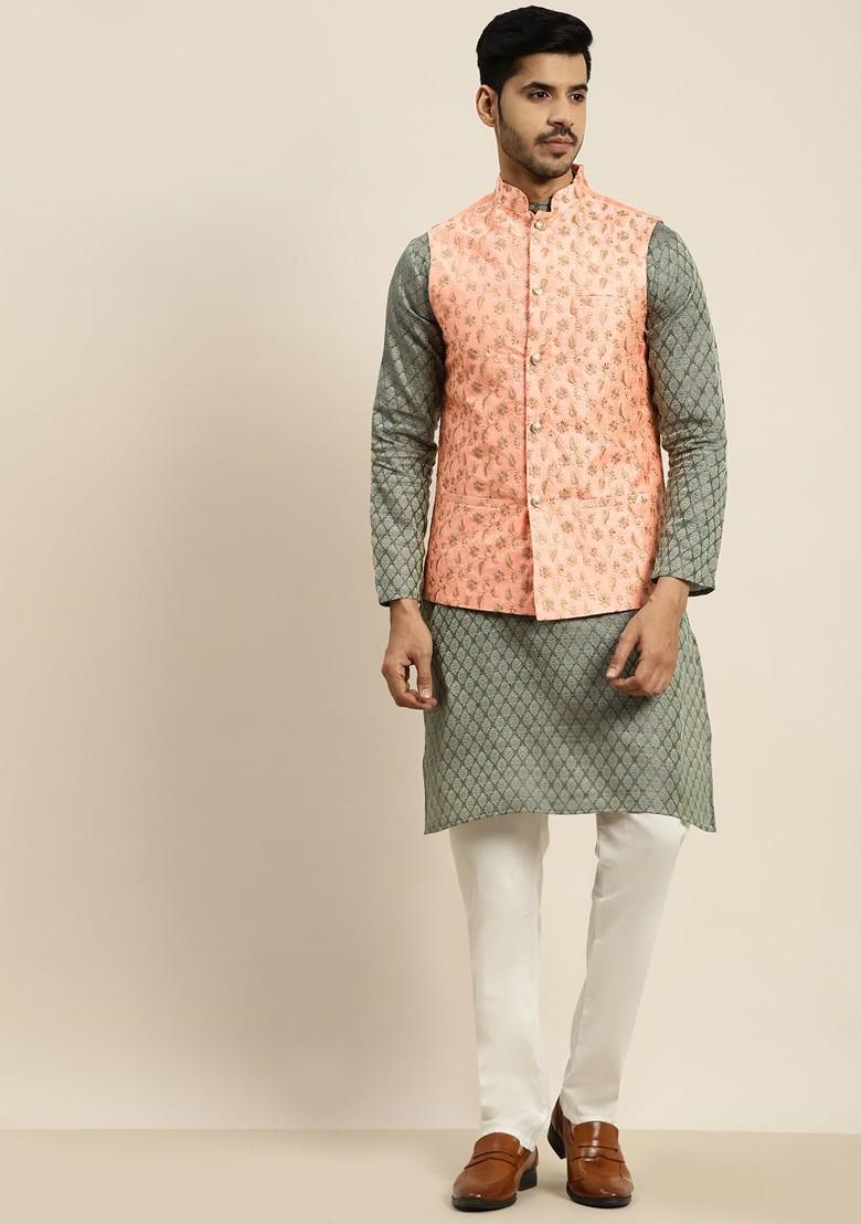 Teal Blue Woven Poly Blend Kurta Set For Men