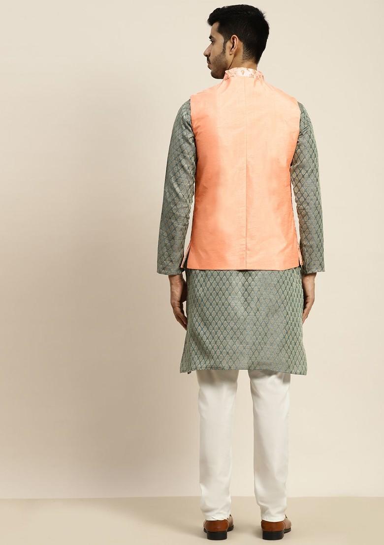 Teal Blue Woven Poly Blend Kurta Set For Men