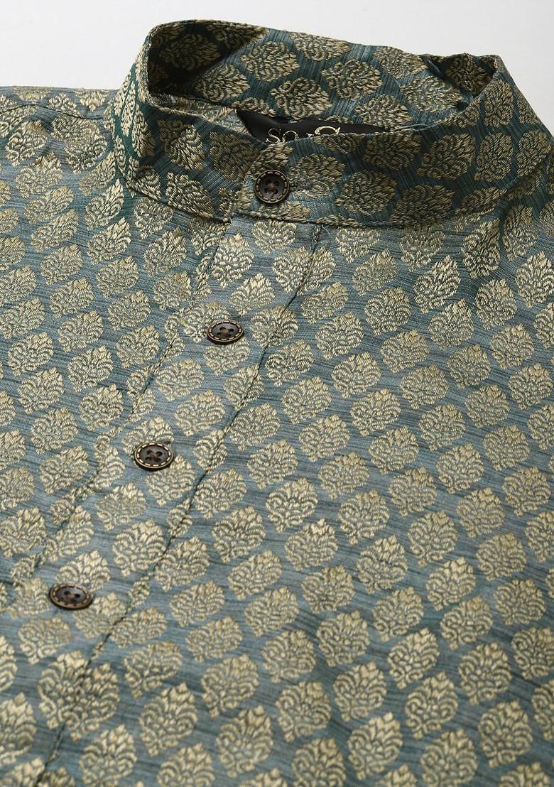 Teal Blue Woven Poly Blend Kurta Set For Men