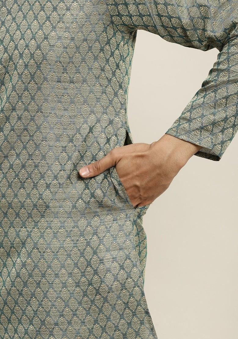 Teal Blue Woven Poly Blend Kurta Set For Men