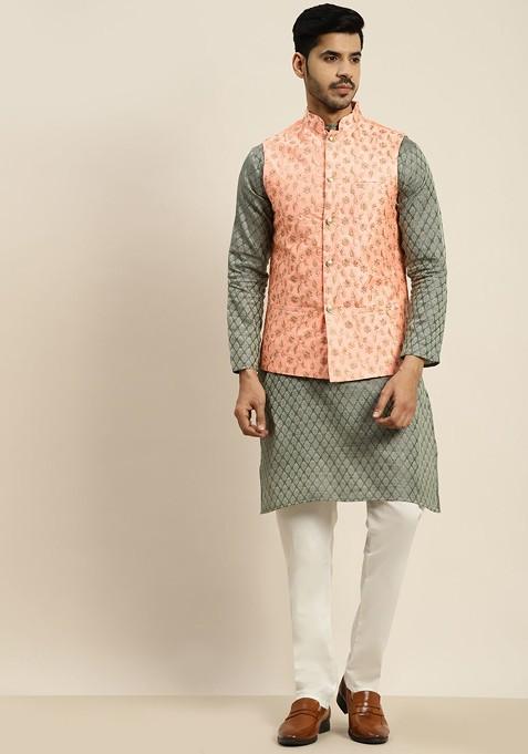 Teal Blue Woven Poly Blend Kurta Set For Men