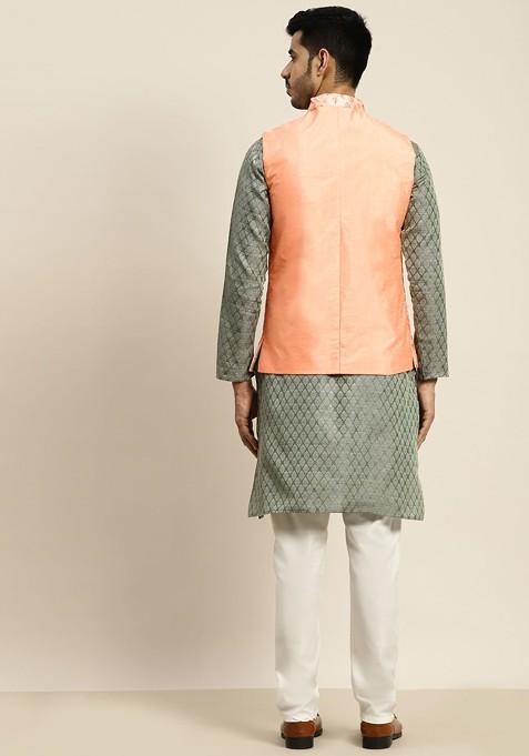 Teal Blue Woven Poly Blend Kurta Set For Men