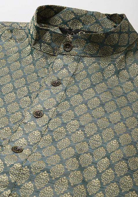 Teal Blue Woven Poly Blend Kurta Set For Men