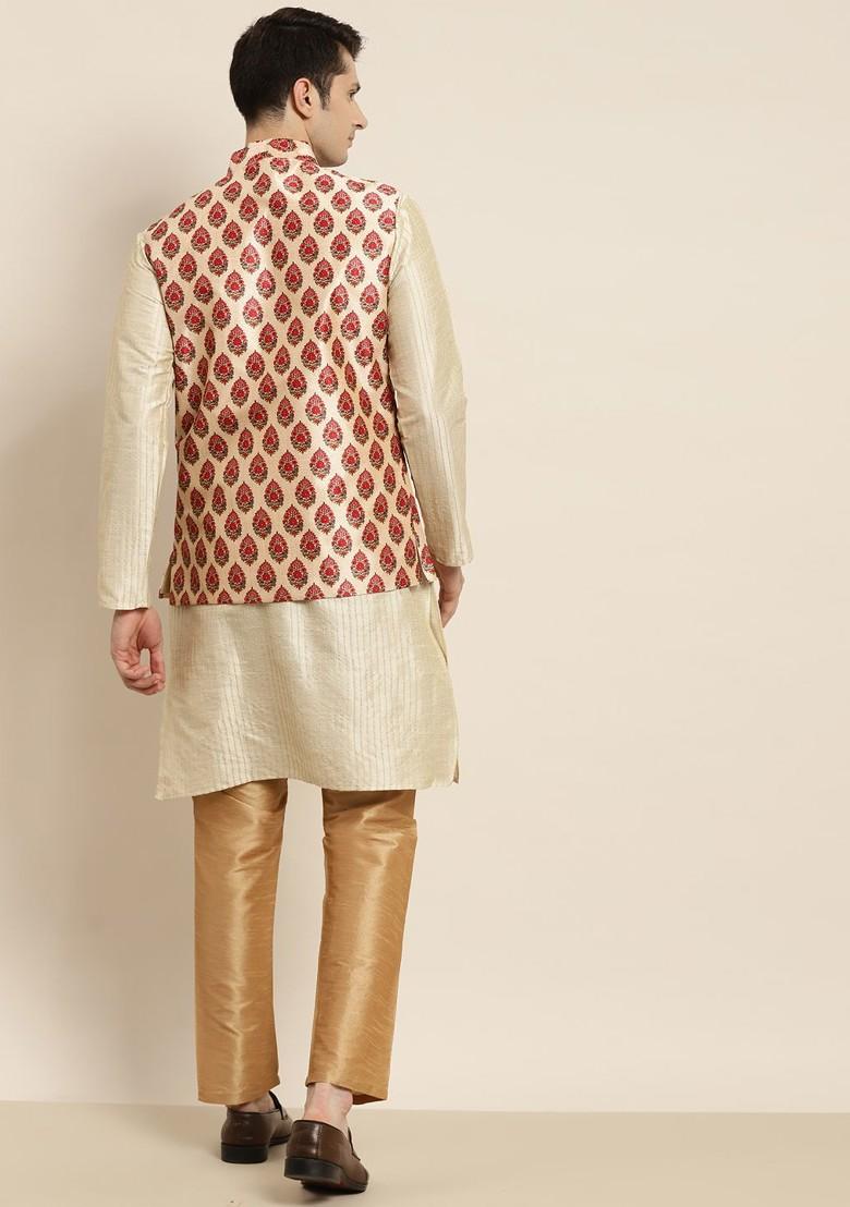 Cream Solid Poly Blend Kurta Set For Men