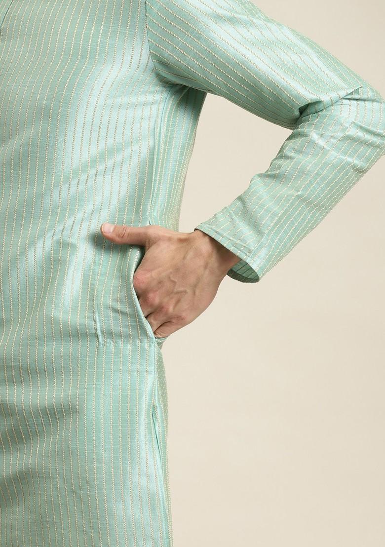Sea Green Solid Poly Blend Kurta Set For Men