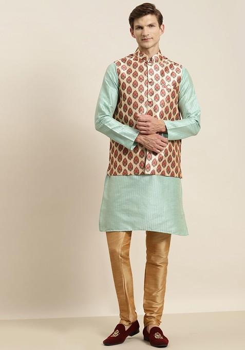 Sea Green Solid Poly Blend Kurta Set For Men