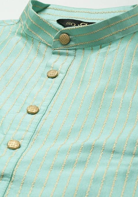 Sea Green Solid Poly Blend Kurta Set For Men