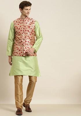 Green Striped Poly Blend Kurta Set For Men