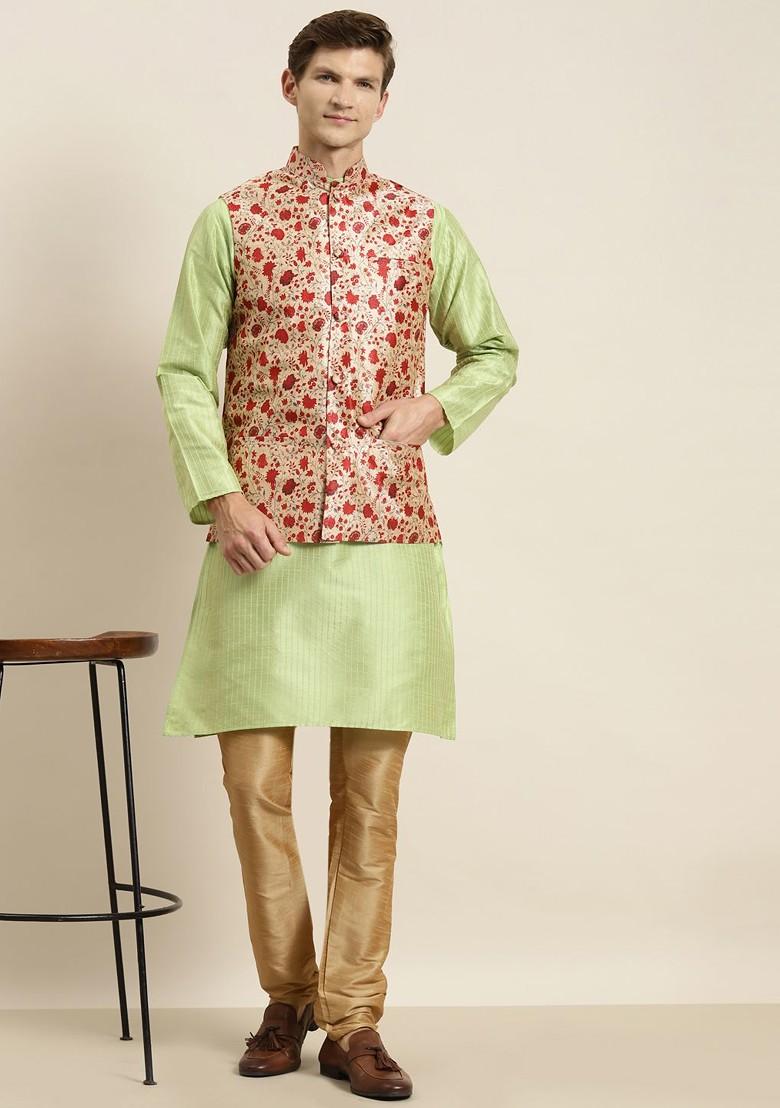 Green Striped Poly Blend Kurta Set For Men