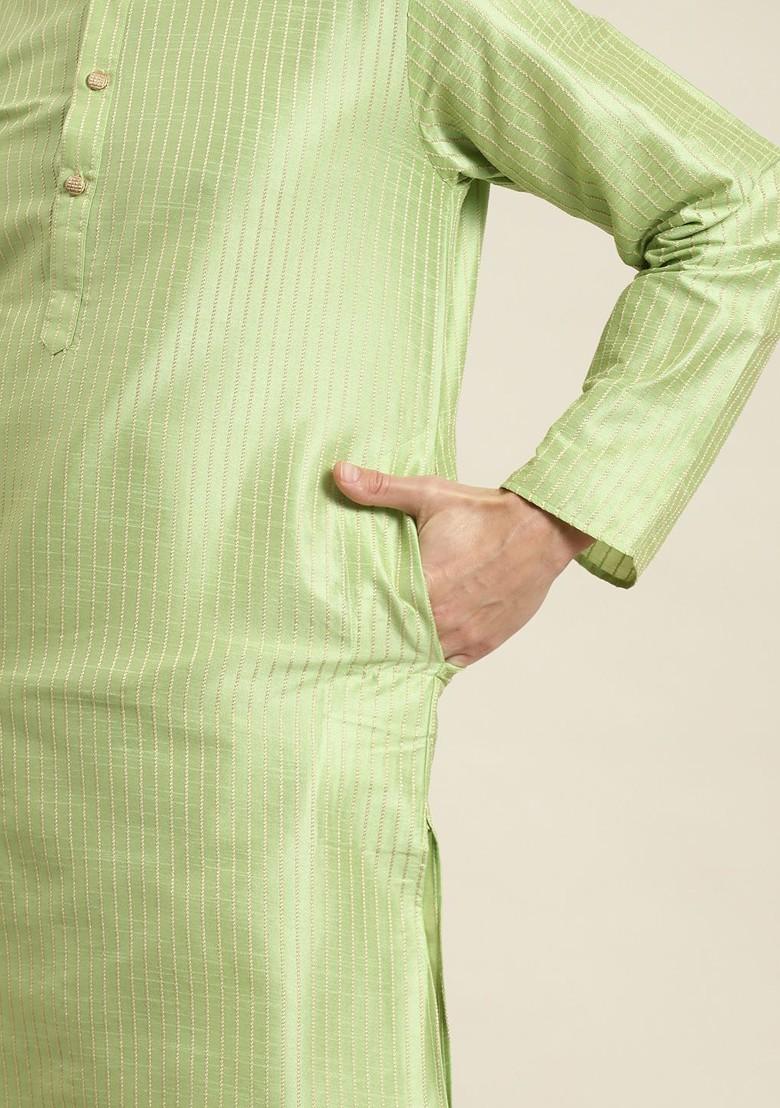 Green Striped Poly Blend Kurta Set For Men