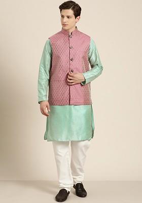 Sea Green Thread Work Poly Blend Kurta Set For Men