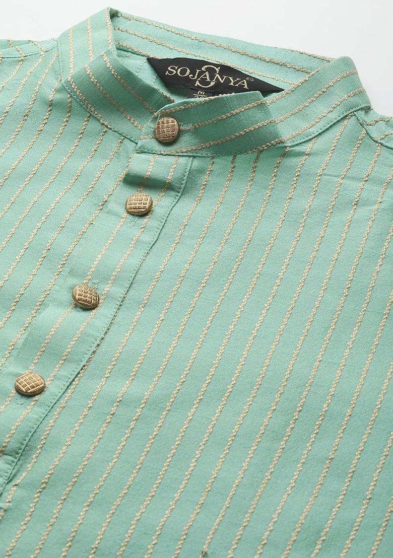 Sea Green Thread Work Poly Blend Kurta Set For Men