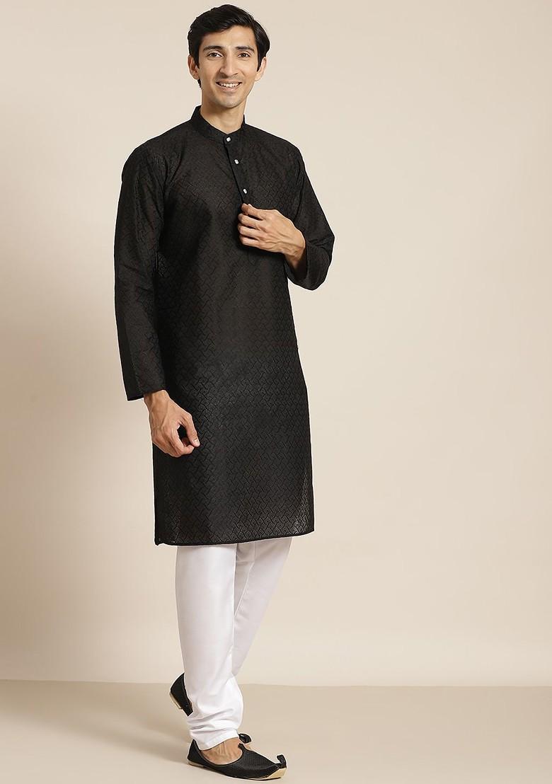 Black Ethnic Motifs Cotton Kurta Set For Men