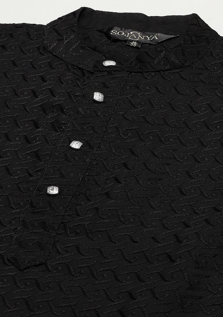 Black Ethnic Motifs Cotton Kurta Set For Men