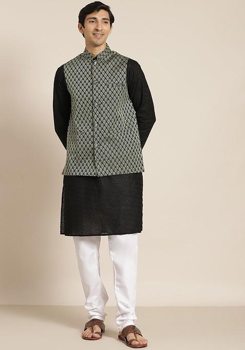 Black Ethnic Motifs Cotton Kurta Set For Men