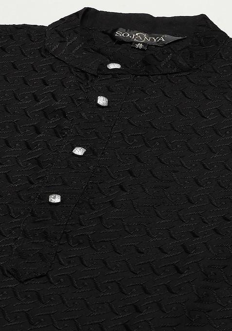 Black Ethnic Motifs Cotton Kurta Set For Men