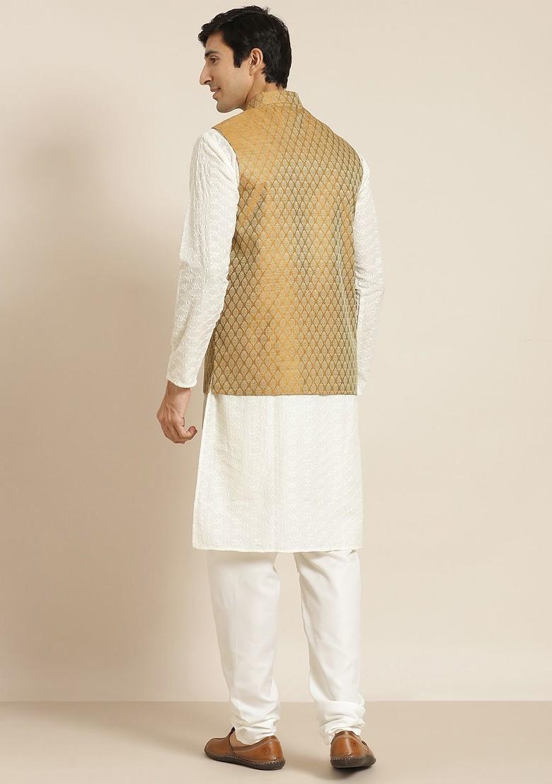Cream Chikankari Cotton Kurta Set For Men