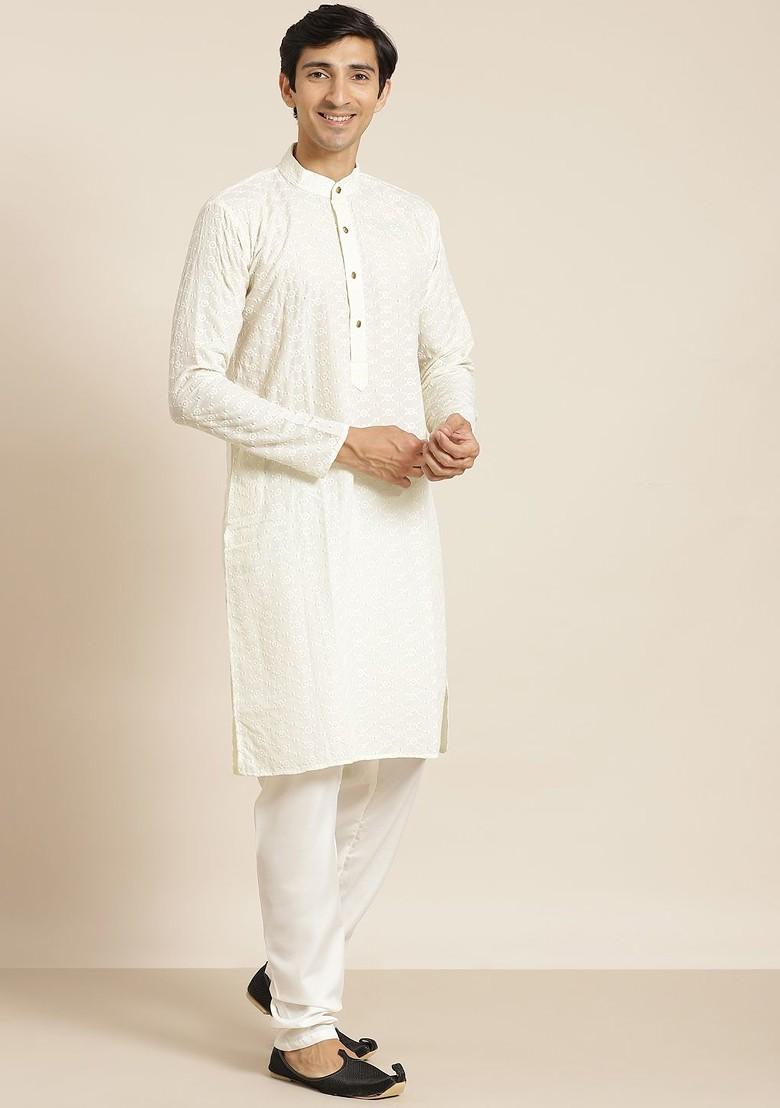 Cream Chikankari Cotton Kurta Set For Men