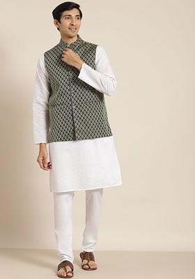 White Ethnic Motifs Cotton Kurta Set For Men
