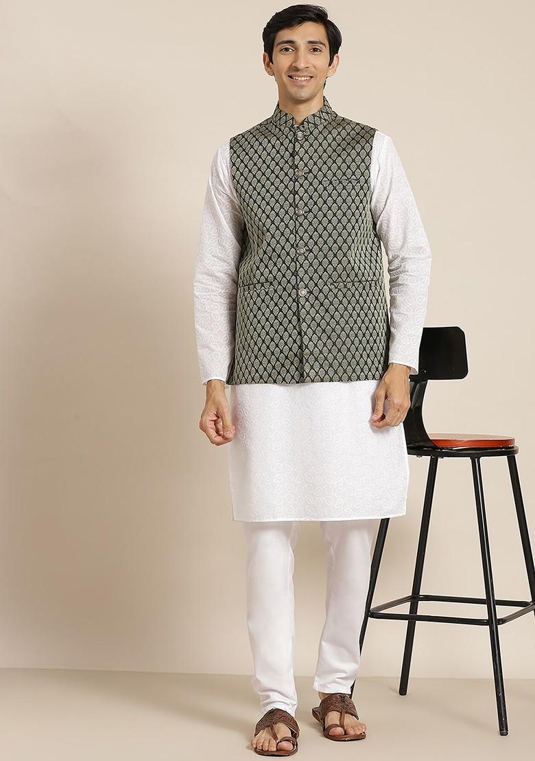 White Ethnic Motifs Cotton Kurta Set For Men