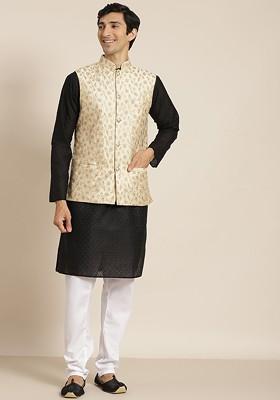 Black Ethnic Motifs Cotton Kurta Set For Men