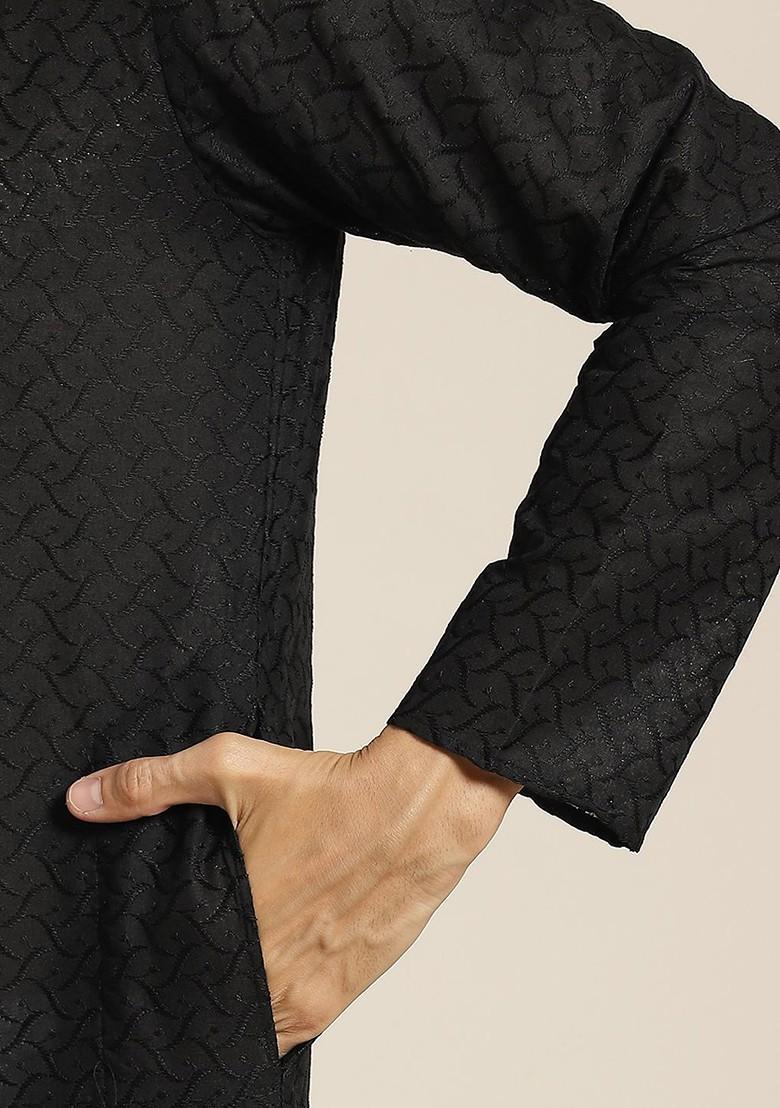 Black Ethnic Motifs Cotton Kurta Set For Men