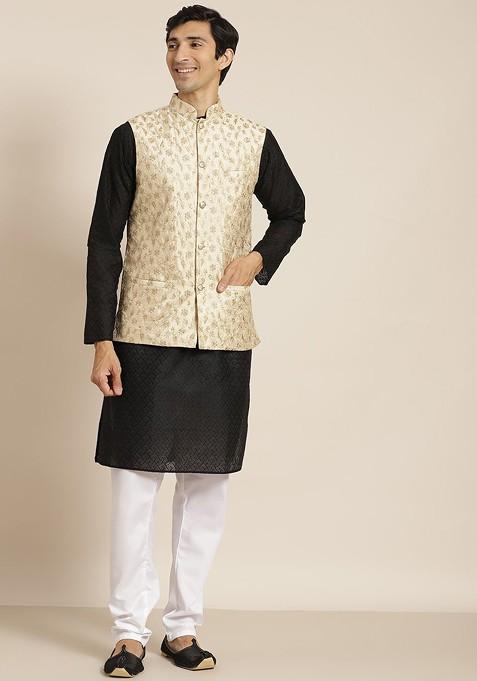 Black Ethnic Motifs Cotton Kurta Set For Men