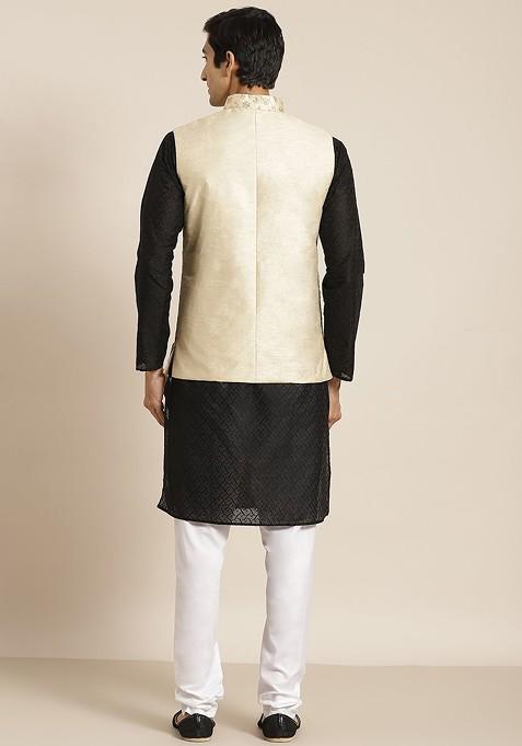 Black Ethnic Motifs Cotton Kurta Set For Men