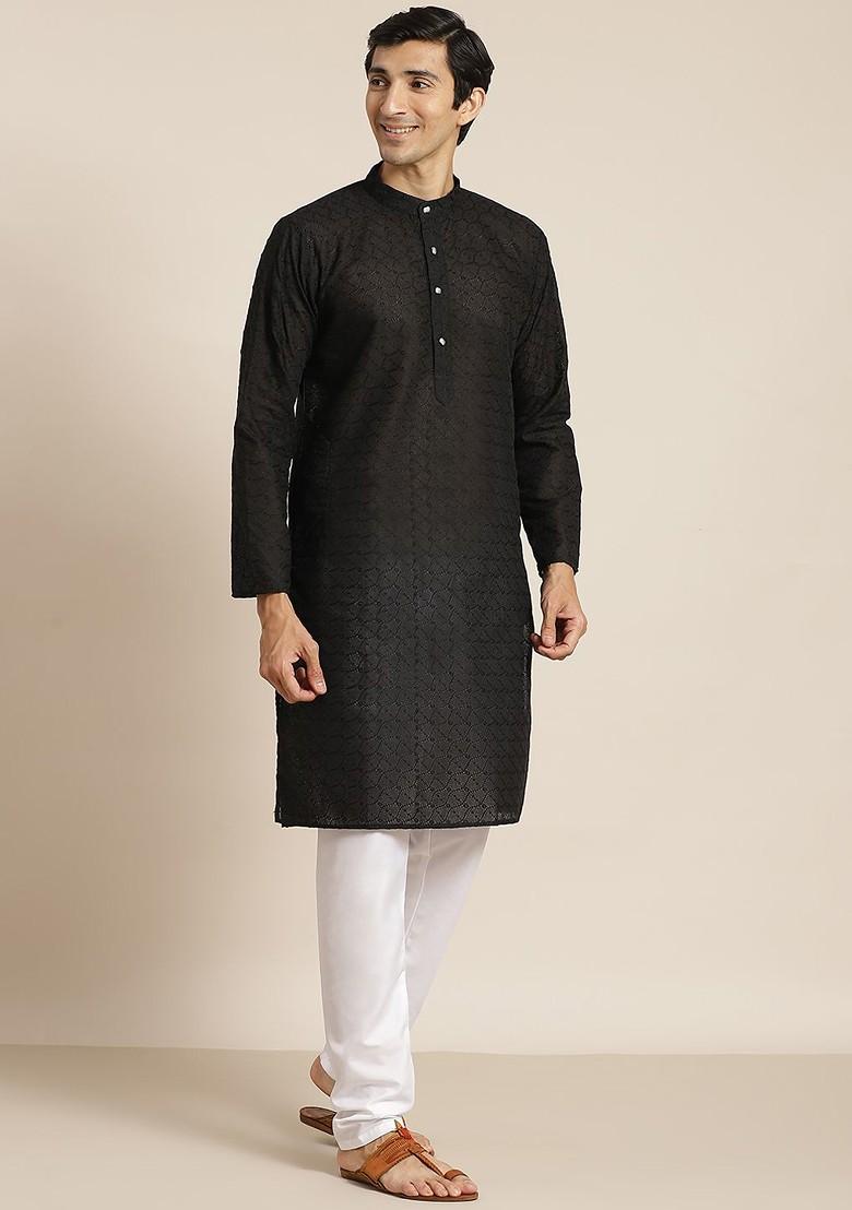 Black Ethnic Motifs Cotton Kurta Set For Men