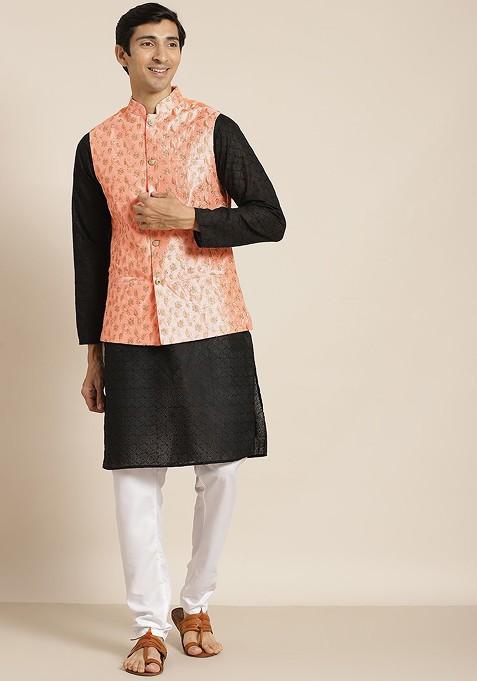 Black Ethnic Motifs Cotton Kurta Set For Men