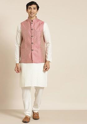 Cream Chikankari Cotton Kurta Set For Men