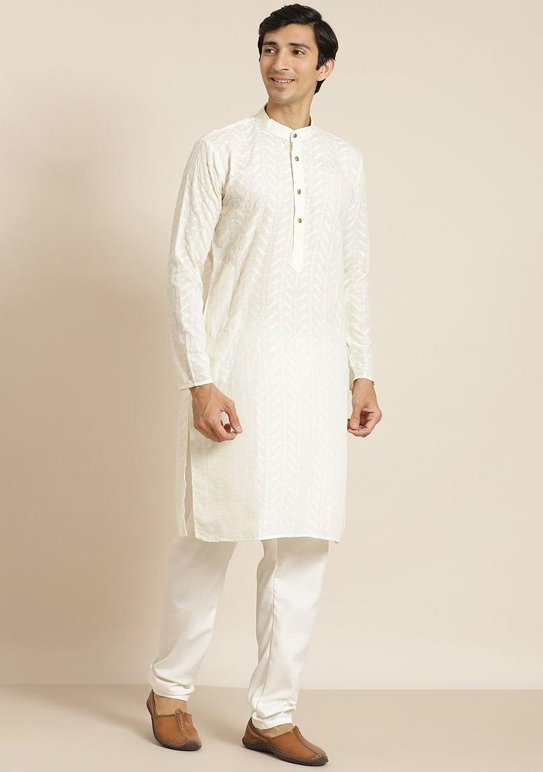 Cream Chikankari Cotton Kurta Set For Men