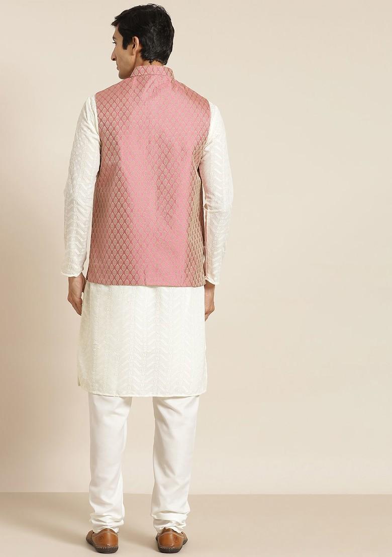 Cream Chikankari Cotton Kurta Set For Men