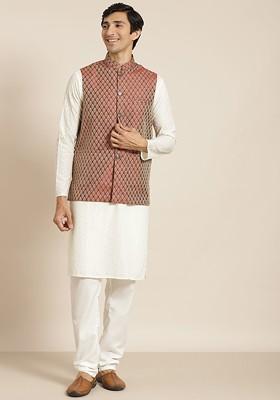 Cream Chikankari Cotton Kurta Set For Men