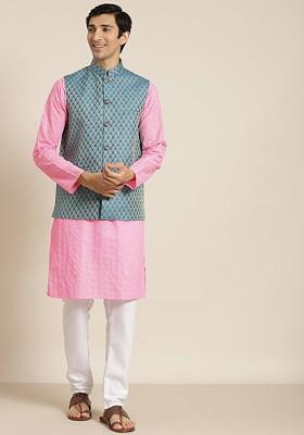Pink Chikankari Cotton Kurta Set For Men