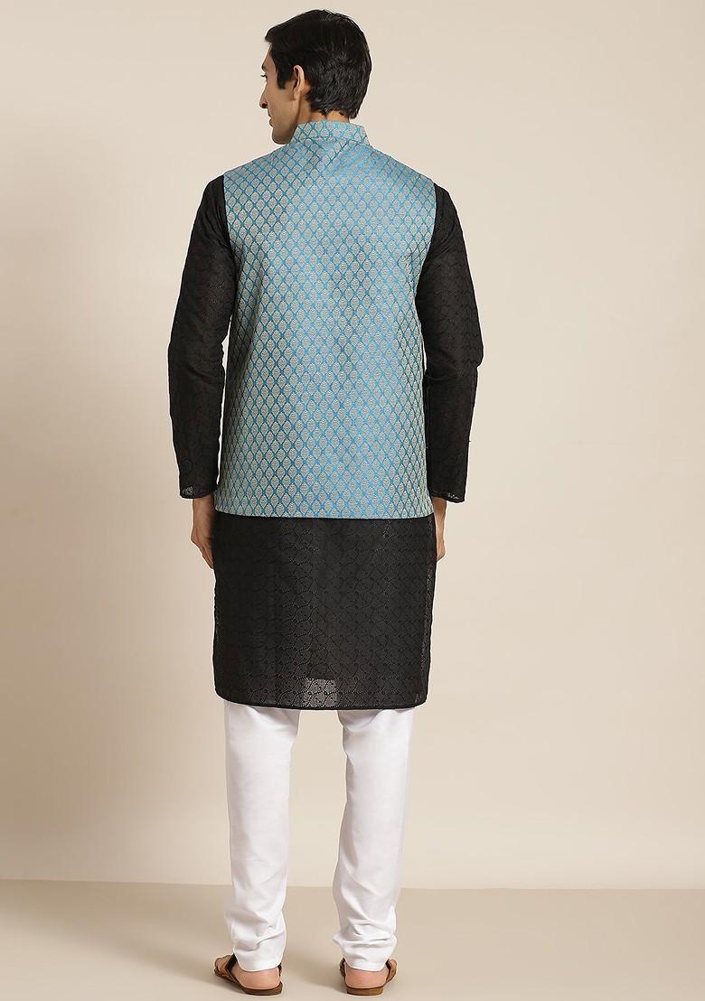 Black Chikankari Cotton Kurta Set For Men