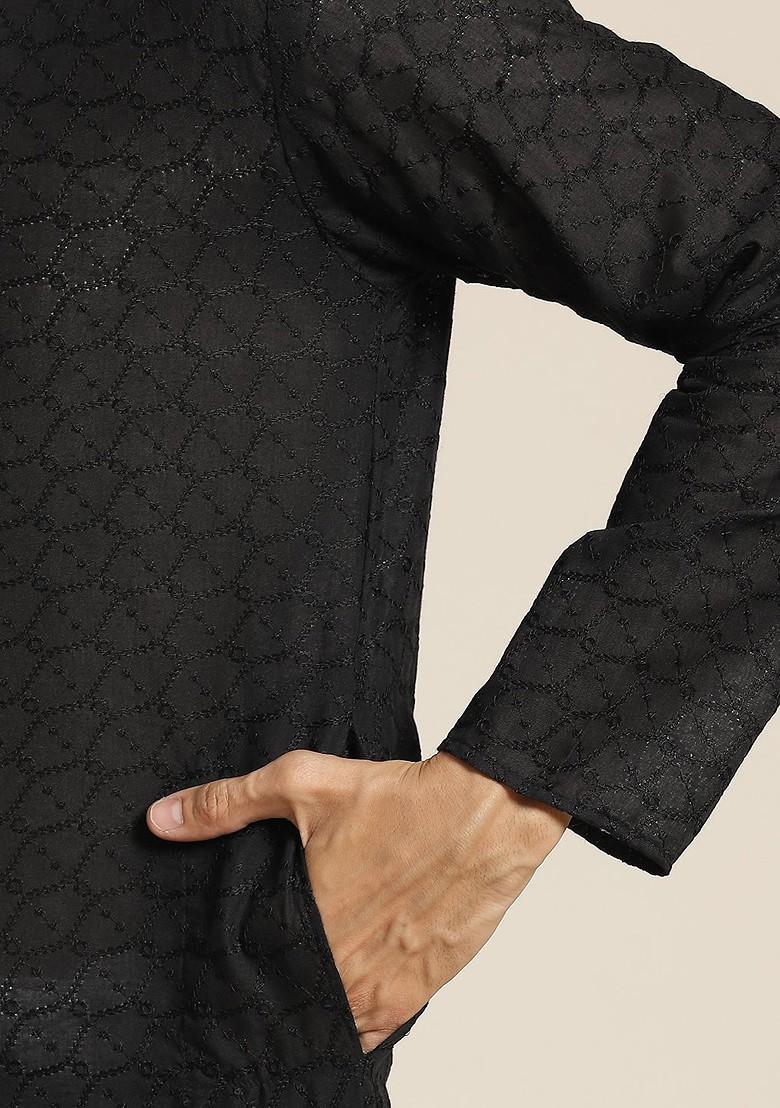 Black Chikankari Cotton Kurta Set For Men