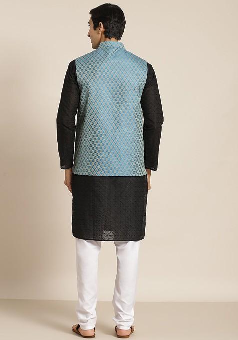 Black Chikankari Cotton Kurta Set For Men