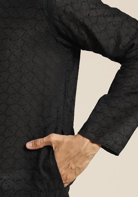 Black Chikankari Cotton Kurta Set For Men