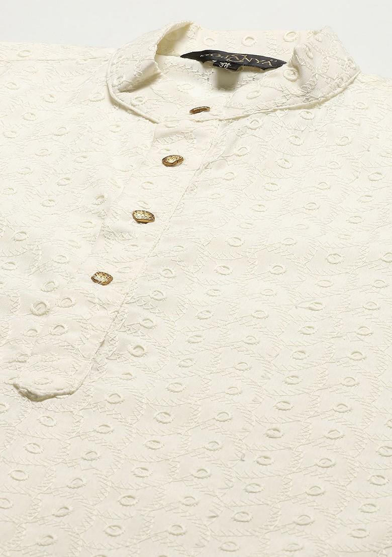 Cream Chikankari Cotton Kurta Set For Men