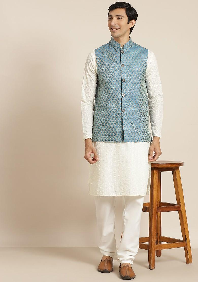 Cream Chikankari Cotton Kurta Set For Men